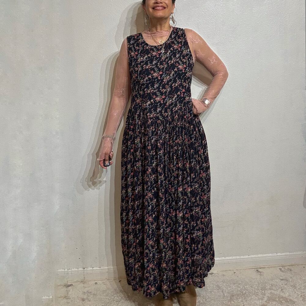Erika Taylor Sport Navy Floral Pleated Vintage Maxi Dress Sz S